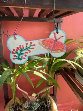 Hand Crafted Pink and Turquoise Butterfly & Floral Bone Wall Hanging